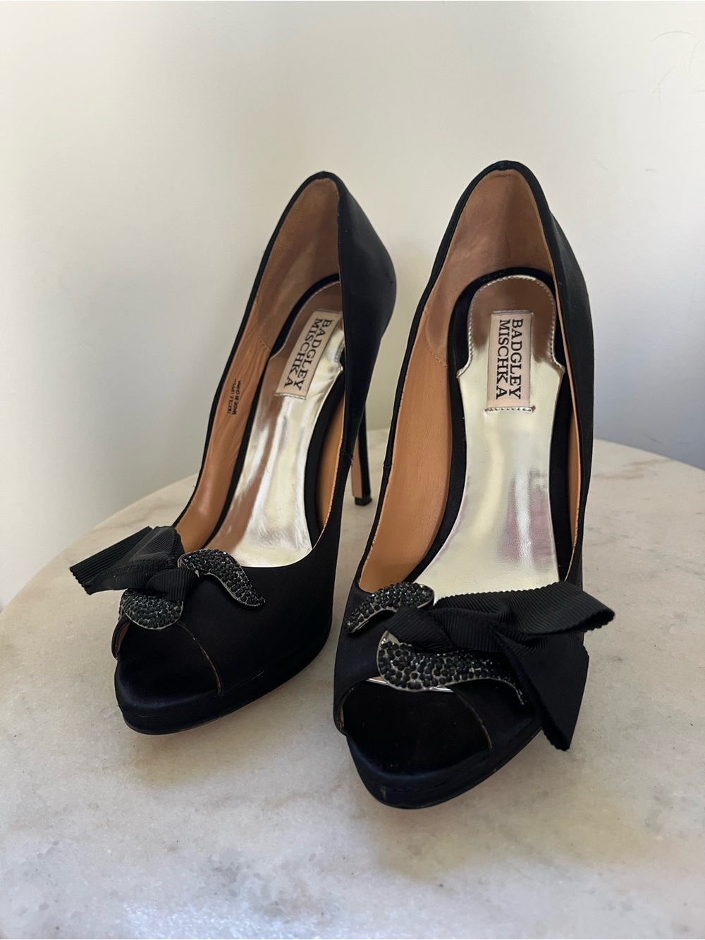 Badgley Mischka Black Satin Peep-Toe Pumps with Bow and Crystal Detail